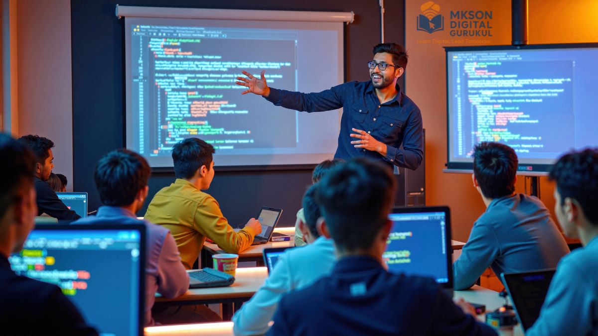 Students learning digital marketing in smart classroom at Mkson Digital Gurukul